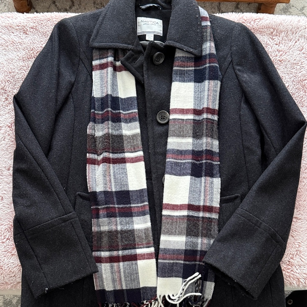 Nautica Women's Charcoal Pea Coat with Plaid Scarf